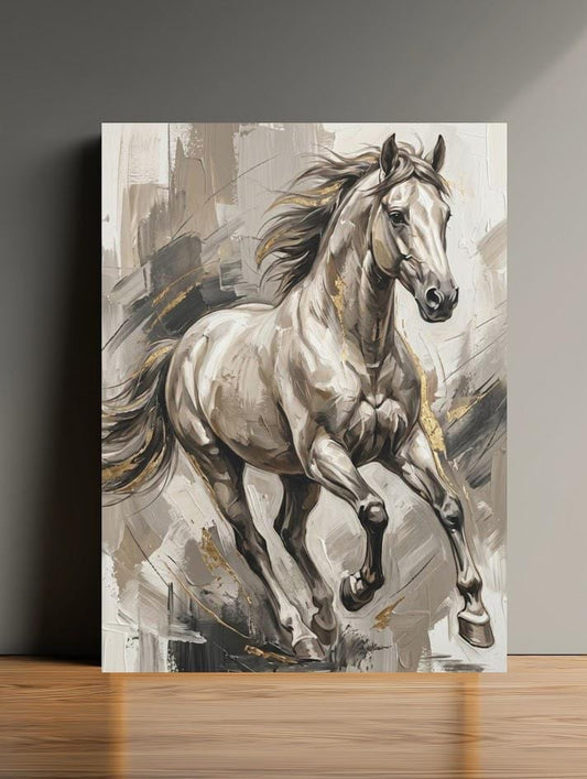 White Horse Wall Art, Neutral Equestrian Canvas Print with Gold Accents — Poster wall art