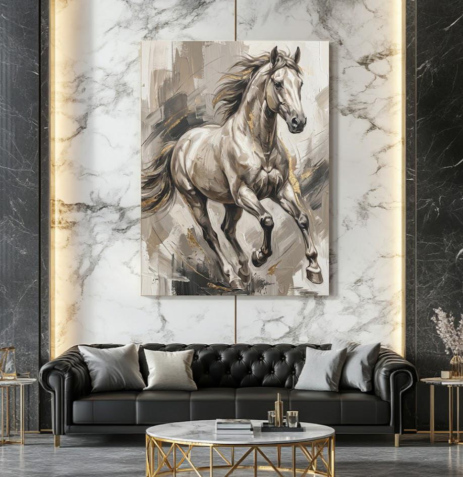 White Horse Wall Art, Neutral Equestrian Canvas Print with Gold Accents — Framed Print wall art
