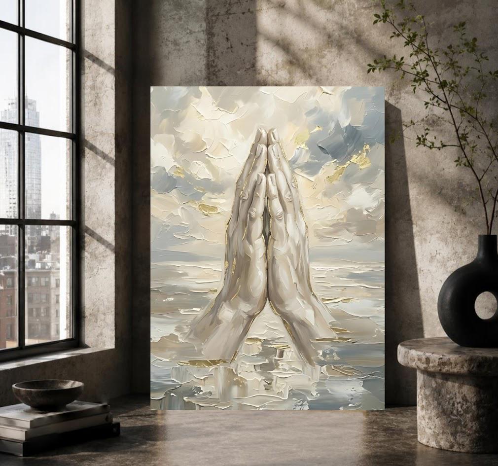 Praying Hands in Clouds Christian Wall Art | Original Heaven Painting | Modern Faith Canvas Print — Framed Print wall art