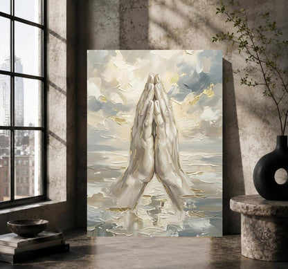 Praying Hands in Clouds Christian Wall Art | Original Heaven Painting | Modern Faith Canvas Print — Framed Print wall art
