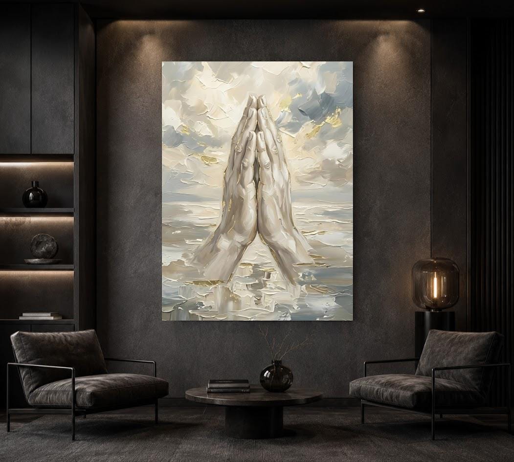 Praying Hands in Clouds Christian Wall Art | Original Heaven Painting | Modern Faith Canvas Print — Framed Print wall art