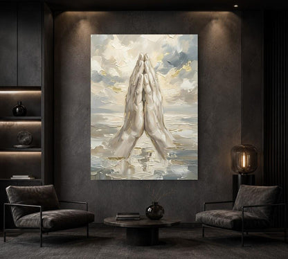 Praying Hands in Clouds Christian Wall Art | Original Heaven Painting | Modern Faith Canvas Print — Framed Print wall art
