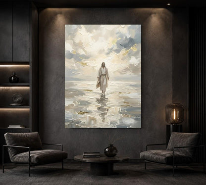 Jesus Walks On Water Wall Art | Modern Christian Painting | Extra Large Jesus Canvas | Catholic Home Decor — Framed Print