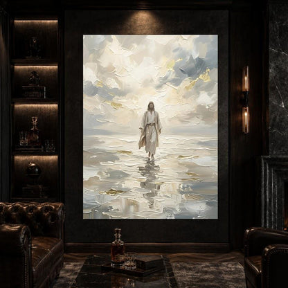 Jesus Walks On Water Wall Art | Modern Christian Painting | Extra Large Jesus Canvas | Catholic Home Decor — Framed Print
