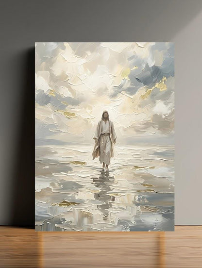 Jesus Walks On Water Wall Art | Modern Christian Painting | Extra Large Jesus Canvas | Catholic Home Decor — Framed Print