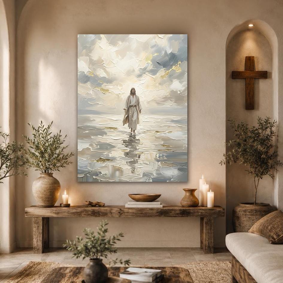 Jesus Walks On Water Wall Art | Modern Christian Painting | Extra Large Jesus Canvas | Catholic Home Decor — Framed Print