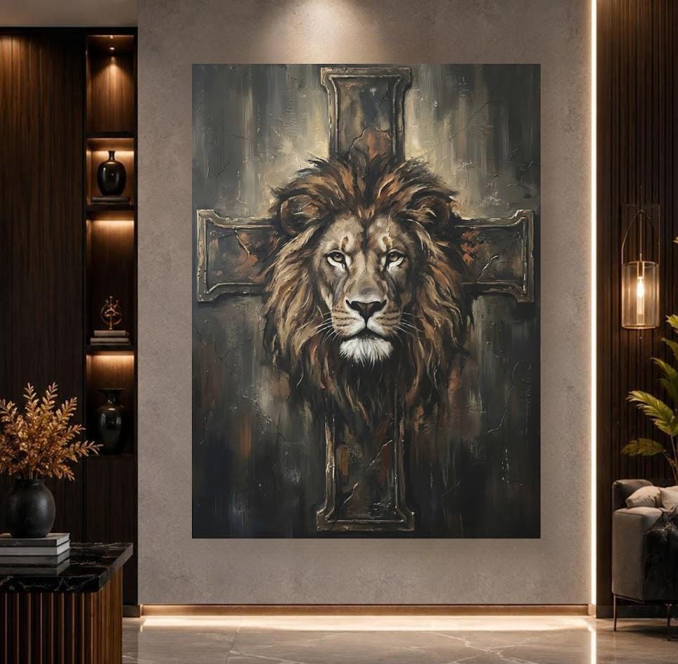Christian Lion Wall Art, Lion and Cross Canvas Print for Prayer Room — Poster wall art