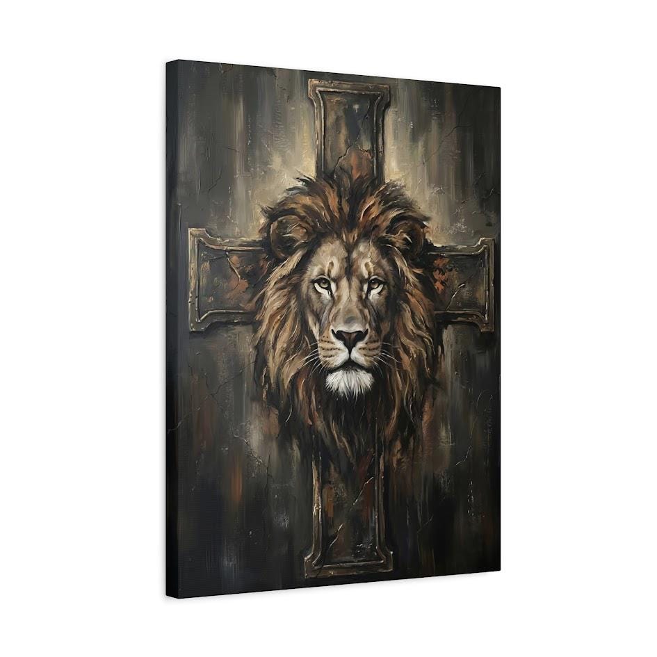 Christian Lion Wall Art, Lion and Cross Canvas Print for Prayer Room — Canvas wall art