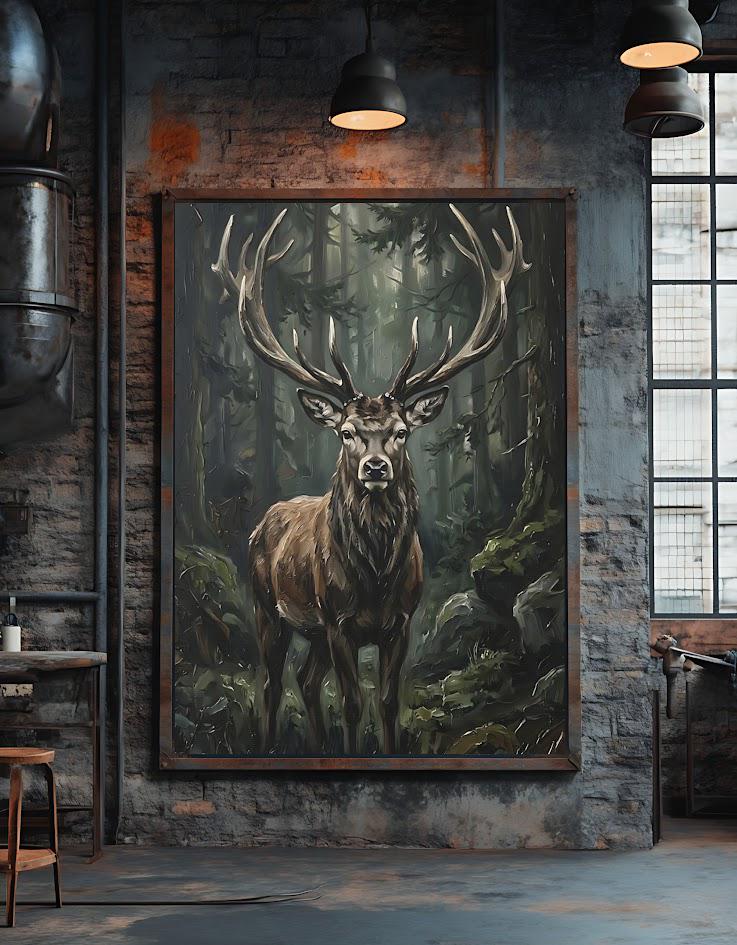 Stag Deer Wall Art, Moody Forest Wildlife Canvas Print — Poster wall art