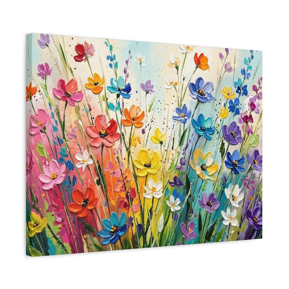 Colorful Wildflower Canvas Wall Art. Impasto Floral Landscape Print for Bright Living Room or Modern Nursery — Canvas wall