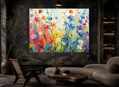 Colorful Wildflower Canvas Wall Art. Impasto Floral Landscape Print for Bright Living Room or Modern Nursery — Framed Print