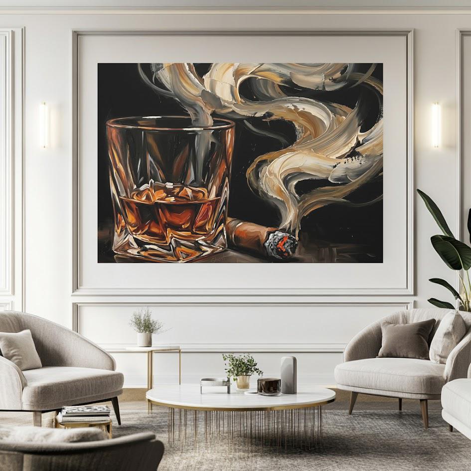 Bourbon and Cigar Canvas Wall Art, Dark Moody Abstract Whiskey Print for Luxury Home Bar or Cigar Lounge — Framed Print wall