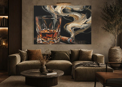 Bourbon and Cigar Canvas Wall Art, Dark Moody Abstract Whiskey Print for Luxury Home Bar or Cigar Lounge — Framed Print wall
