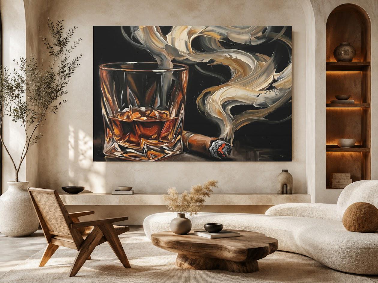 Bourbon and Cigar Canvas Wall Art, Dark Moody Abstract Whiskey Print for Luxury Home Bar or Cigar Lounge — Framed Print wall