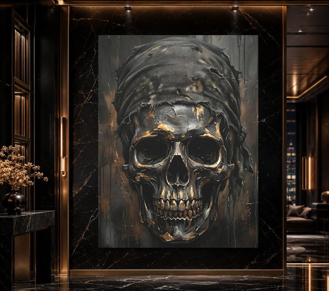 Bandit Skull Canvas Wall Art. Dark Moody Metallic Memento Mori Print for Luxury Man Cave or Bachelor Pad — Framed Print wall