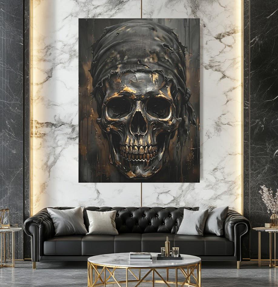Bandit Skull Canvas Wall Art. Dark Moody Metallic Memento Mori Print for Luxury Man Cave or Bachelor Pad — Framed Print wall