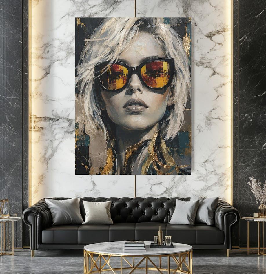 Gold Leaf Woman Portrait Canvas Wall Art, Modern Abstract Fashion Print for Luxury Bedroom or Glam Boutique — Framed Print