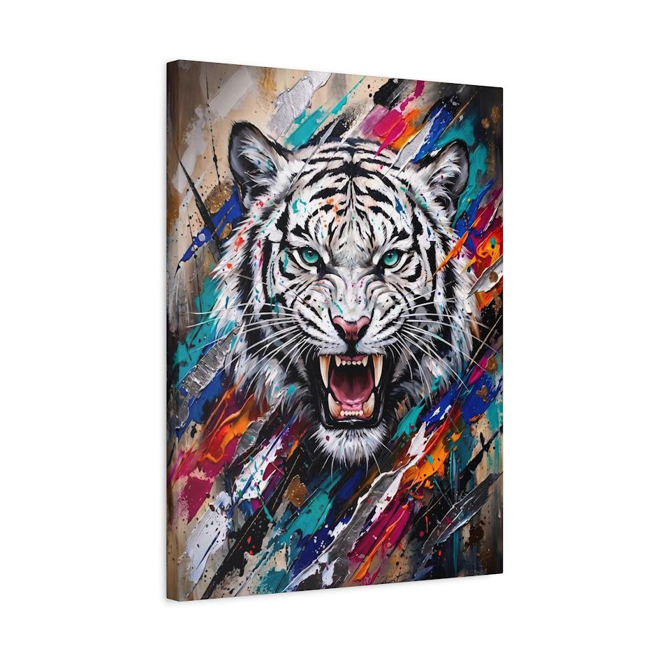 White Tiger Wall Art | Colorful Abstract Wildlife Canvas | Fierce Animal Decor — Canvas wall art