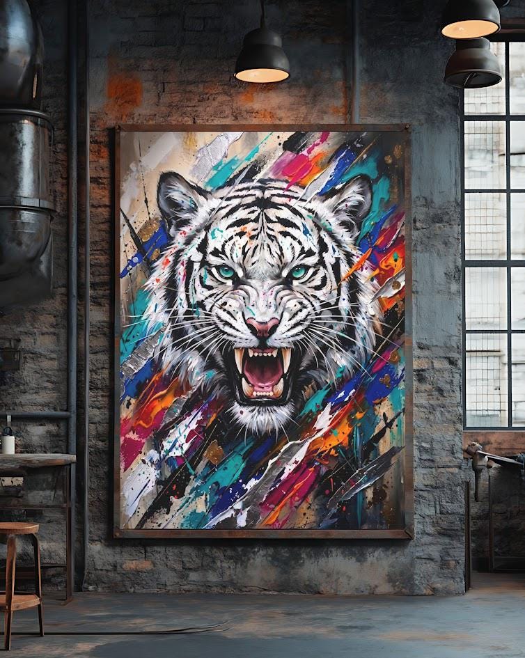 White Tiger Wall Art | Colorful Abstract Wildlife Canvas | Fierce Animal Decor — Framed Print wall art