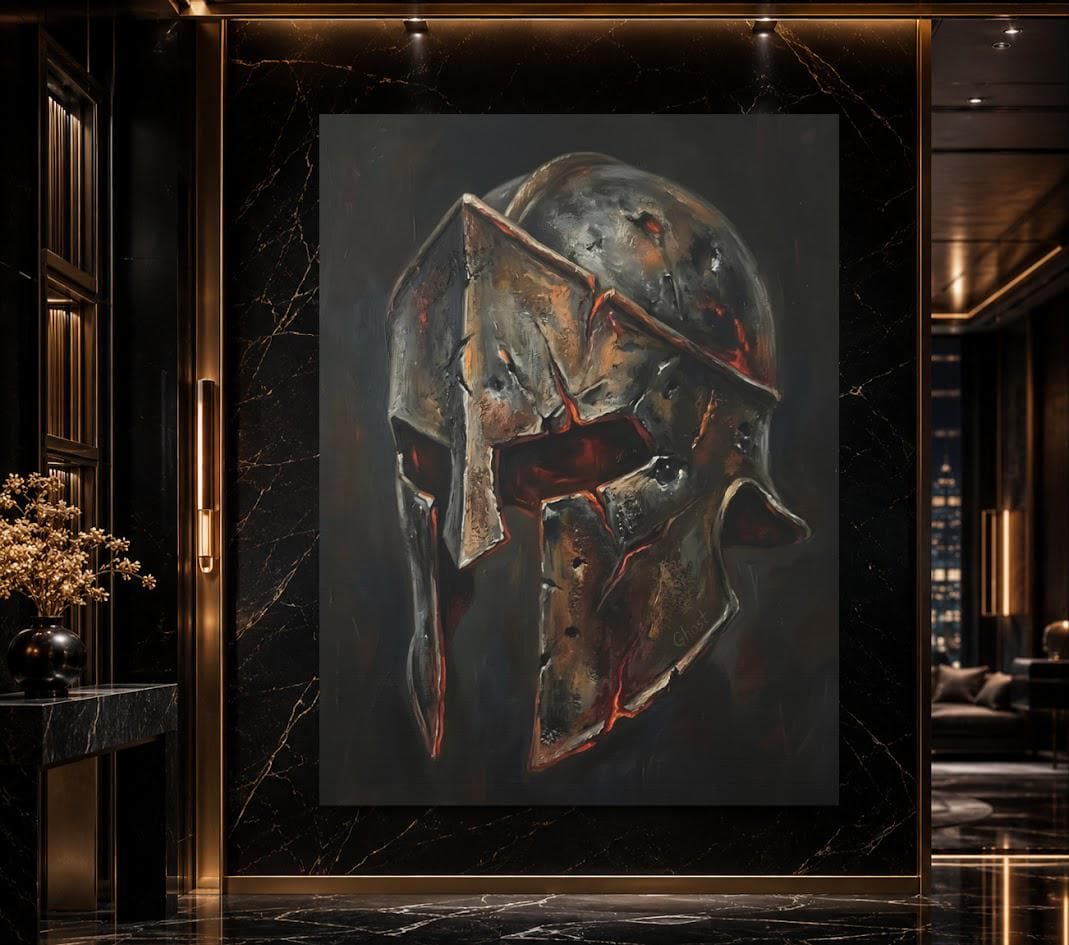 Spartan Helmet Wall Art | Warrior Canvas Print | Masculine Man Cave Decor — Framed Print wall art