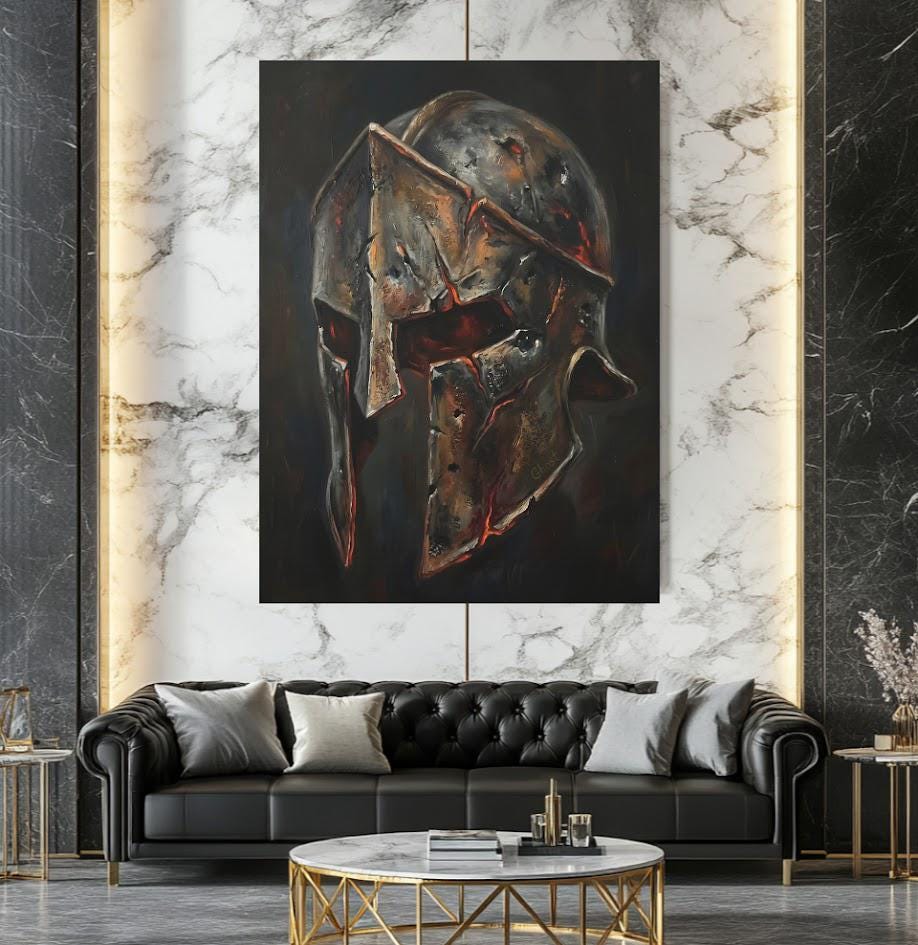 Spartan Helmet Wall Art | Warrior Canvas Print | Masculine Man Cave Decor — Framed Print wall art