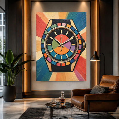 Modern Watch Canvas Art, Colorful Pop Art Timepiece Print for Hypebeast Office — Framed Print wall art
