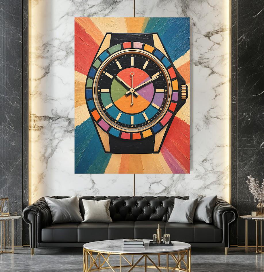 Modern Watch Canvas Art, Colorful Pop Art Timepiece Print for Hypebeast Office — Framed Print wall art