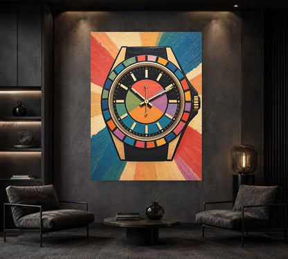 Modern Watch Canvas Art, Colorful Pop Art Timepiece Print for Hypebeast Office — Framed Print wall art