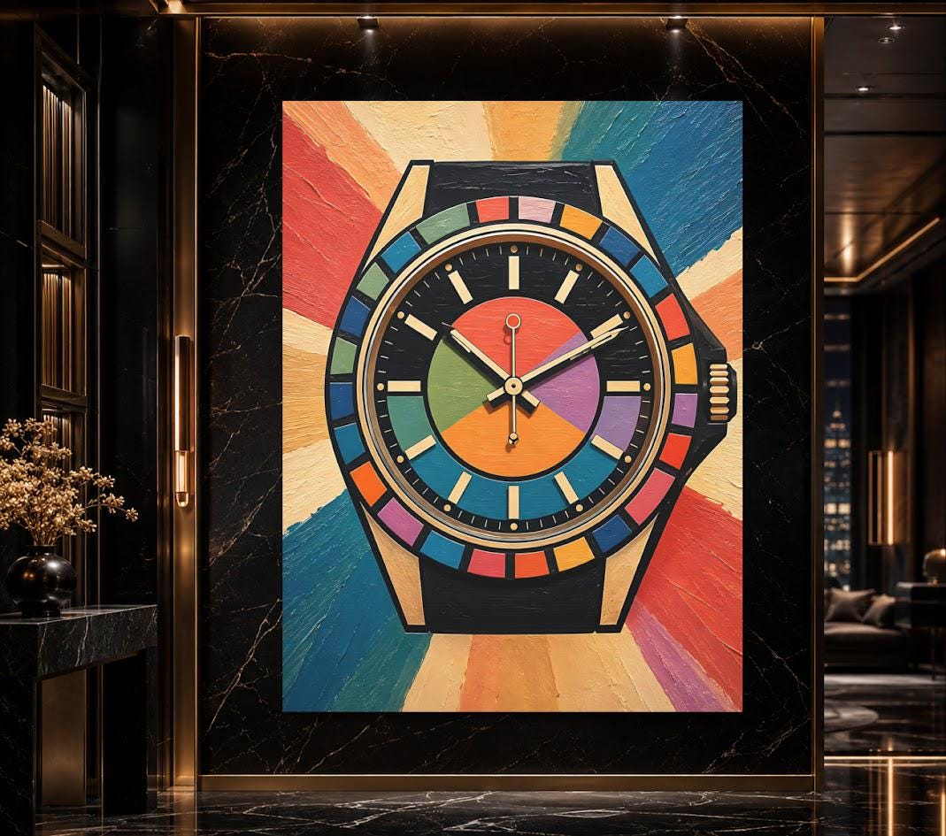 Modern Watch Canvas Art, Colorful Pop Art Timepiece Print for Hypebeast Office — Framed Print wall art