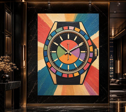 Modern Watch Canvas Art, Colorful Pop Art Timepiece Print for Hypebeast Office — Framed Print wall art