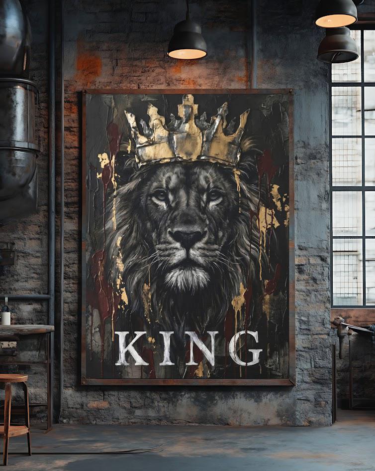 Crowned Lion Canvas Wall Art, Dark Moody King Predator Print for Executive Office or Luxury Man Cave — Framed Print wall art