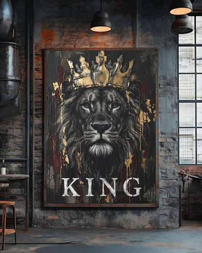 Crowned Lion Canvas Wall Art, Dark Moody King Predator Print for Executive Office or Luxury Man Cave — Framed Print wall art