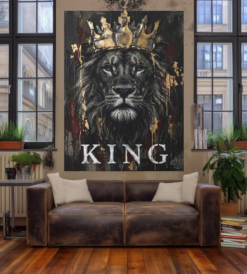 Crowned Lion Canvas Wall Art, Dark Moody King Predator Print for Executive Office or Luxury Man Cave — Framed Print wall art