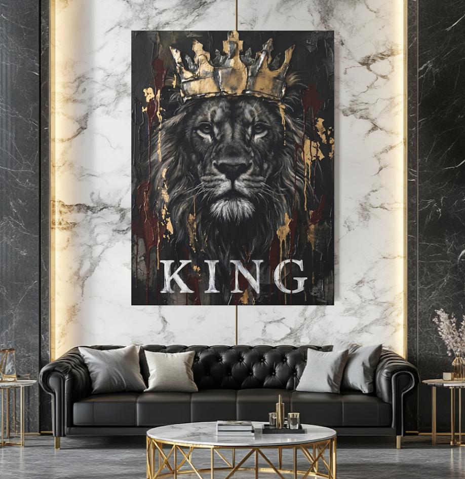 Crowned Lion Canvas Wall Art, Dark Moody King Predator Print for Executive Office or Luxury Man Cave — Framed Print wall art