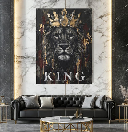 Crowned Lion Canvas Wall Art, Dark Moody King Predator Print for Executive Office or Luxury Man Cave — Framed Print wall art