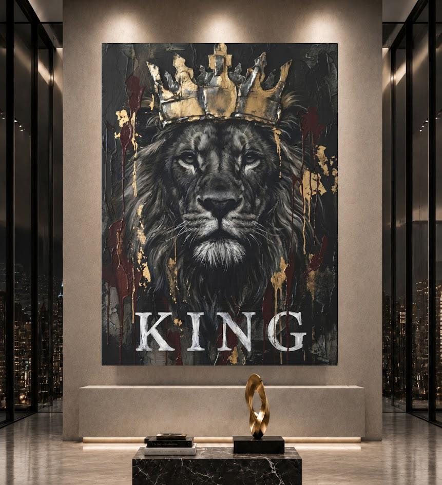 Crowned Lion Canvas Wall Art, Dark Moody King Predator Print for Executive Office or Luxury Man Cave — Framed Print wall art