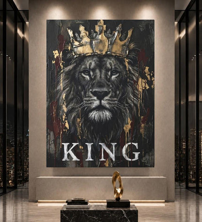 Crowned Lion Canvas Wall Art, Dark Moody King Predator Print for Executive Office or Luxury Man Cave — Framed Print wall art