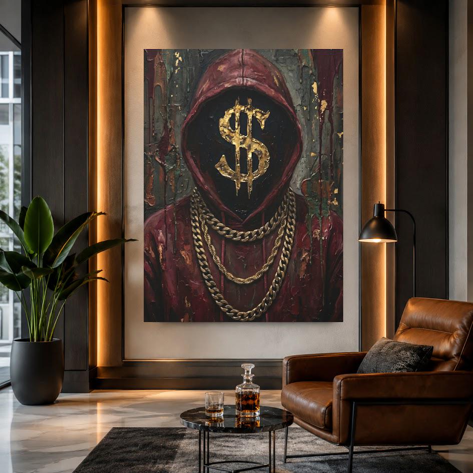 Hustle Culture Canvas Wall Art, Dark Moody Gold Dollar Sign Print for Entrepreneur Office or Luxury Man Cave — Framed Print