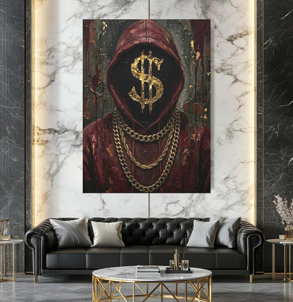 Hustle Culture Canvas Wall Art, Dark Moody Gold Dollar Sign Print for Entrepreneur Office or Luxury Man Cave — Framed Print