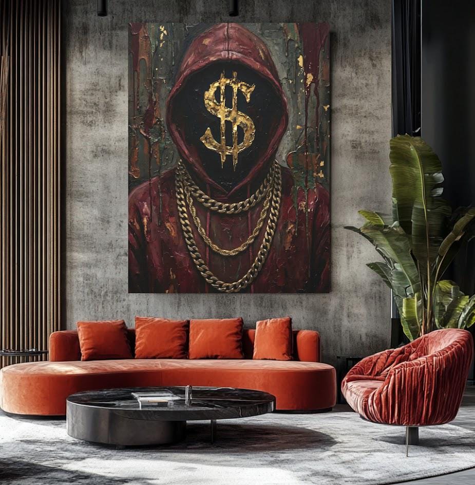 Hustle Culture Canvas Wall Art, Dark Moody Gold Dollar Sign Print for Entrepreneur Office or Luxury Man Cave — Framed Print