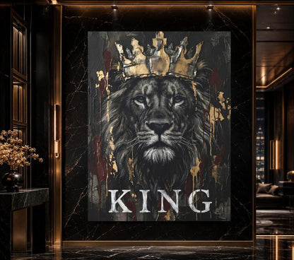 Crowned Lion Canvas Wall Art, Dark Moody King Predator Print for Executive Office or Luxury Man Cave — Poster wall art