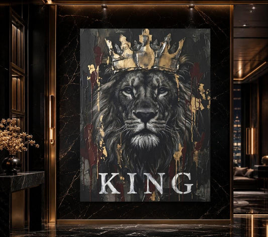 Crowned Lion Canvas Wall Art, Dark Moody King Predator Print for Executive Office or Luxury Man Cave — Poster wall art