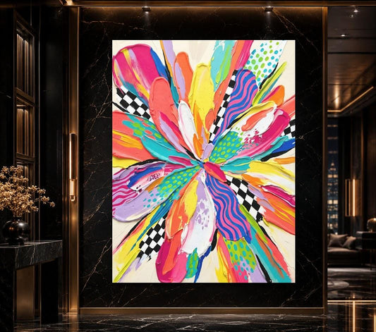 Colorful Abstract Floral Canvas Wall Art, Vibrant Dopamine Decor for Eclectic Kitchen or Maximalist Living Room — Poster wall