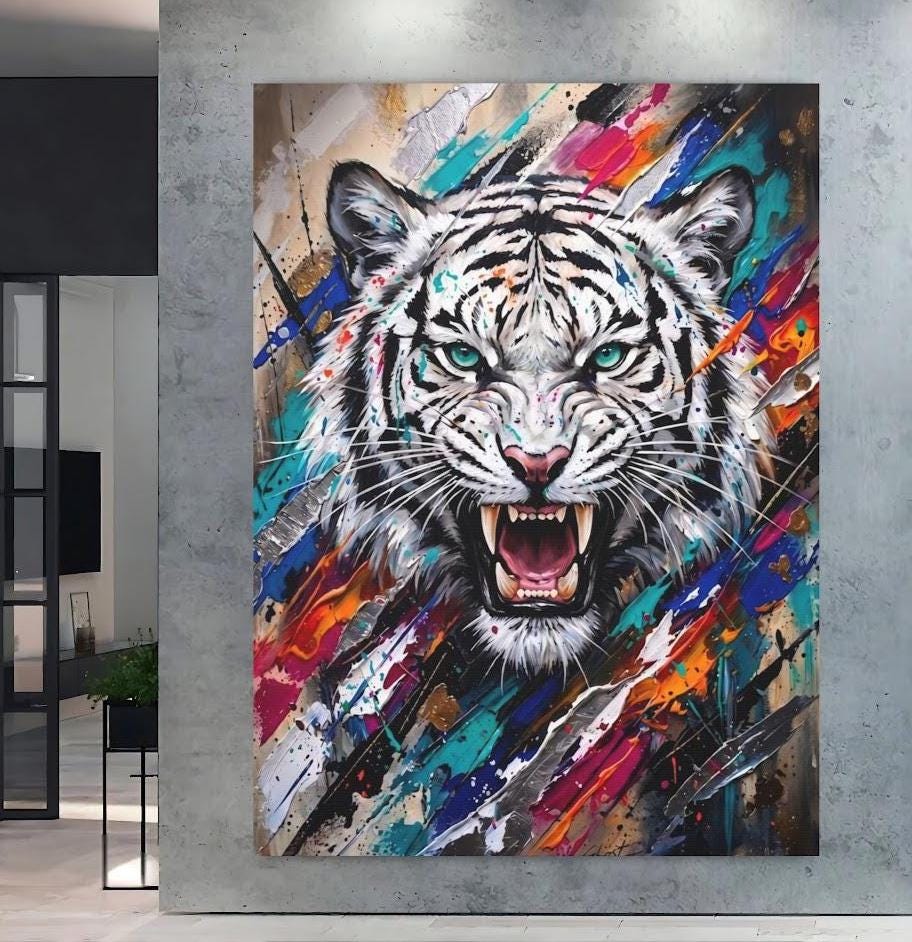 White Tiger Wall Art | Colorful Abstract Wildlife Canvas | Fierce Animal Decor — Poster wall art