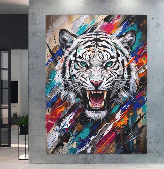 White Tiger Wall Art | Colorful Abstract Wildlife Canvas | Fierce Animal Decor — Poster wall art