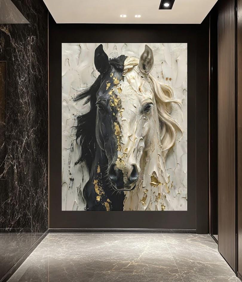 Black and White Horse Canvas Print, Gold Accent Equine Statement Art — Poster wall art