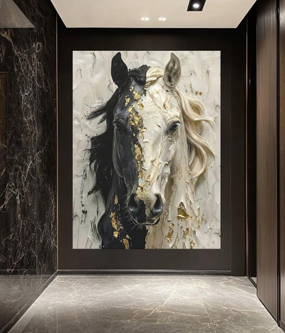 Black and White Horse Canvas Print, Gold Accent Equine Statement Art — Poster wall art