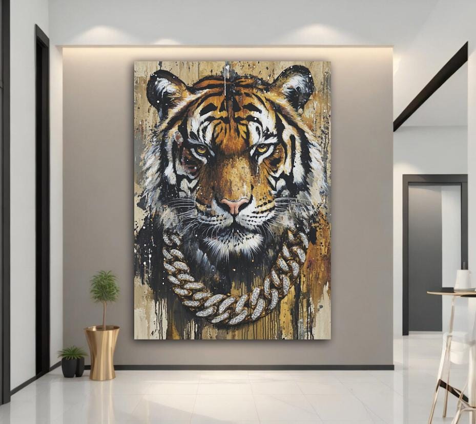 Tiger Wall Art | Urban Streetwear Canvas with Gold Chain | HipHop Wall Decor — Poster wall art