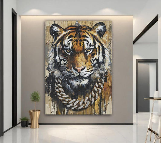 Tiger Wall Art | Urban Streetwear Canvas with Gold Chain | HipHop Wall Decor — Poster wall art