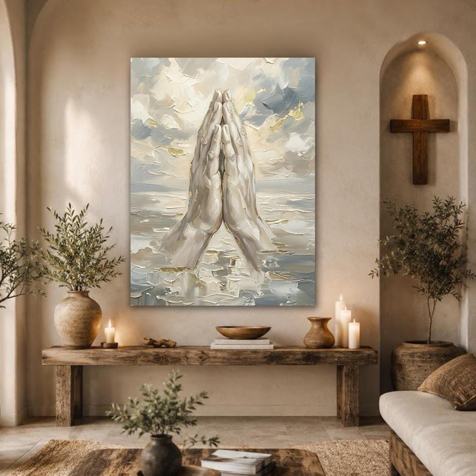 Praying Hands in Clouds Christian Wall Art | Original Heaven Painting | Modern Faith Canvas Print — Poster wall art